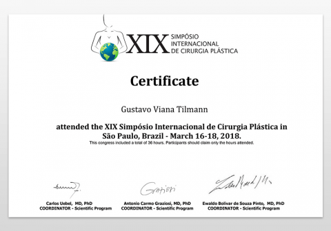 Certificado XIX Simpósio Internacional de Cirurgia Plástica 2018